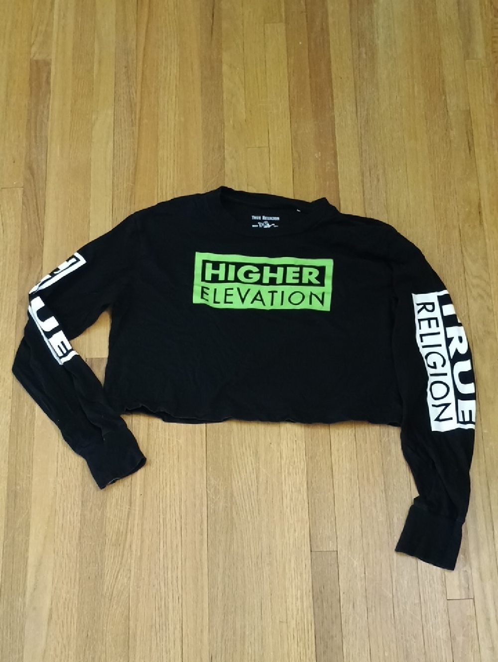 True Religion Black Cropped Long Sleeve Tee with Neon Green Logo